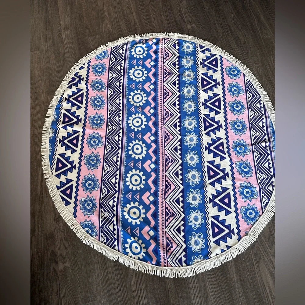 Geometric Blue and Pink Round Fringe Beach Towl